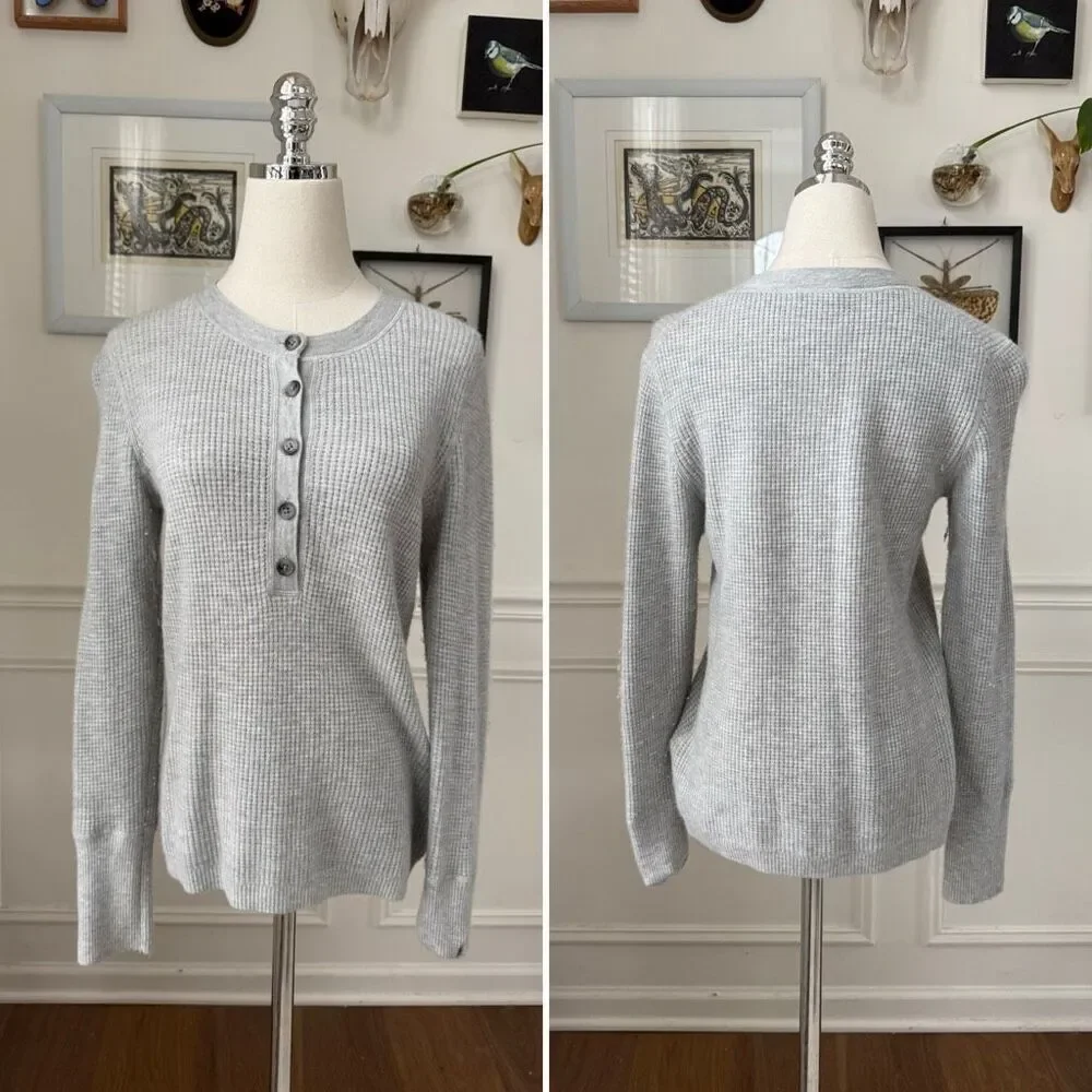 J Crew 100% Cashmere Waffle Knit Thermal Henley Sweater Grey S